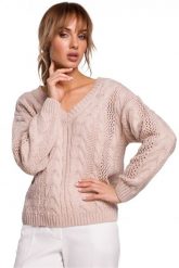 Lekki sweter damski ażurowy z dekoltem V splot w warkocz pudrowy róż. Czerwone swetry nierozpinane damskie Polskie swetry, l, w ażurowe wzory, z dzianiny, biznesowe, bez kołnierzyka, bez ramiączek. Za 245.00 zł.