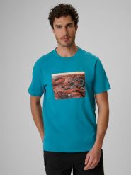 4F T-shirt regular z nadrukiem męski - turkusowy L. Niebieskie t-shirty męskie 4F, l, bez wzorów, z materiału, bez kołnierzyka, bez ramiączek. Za 79.99 zł.