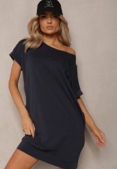 Granatowa T-shirtowa Sukienka Pudełkowa z Elastycznej Bawełny Ellensa. Niebieskie sukienki damskie Renee, m, bez wzorów, z bawełny, wakacyjne, bez kołnierzyka, bez ramiączek, mini. Za 39.99 zł.