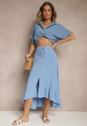 Niebieska Spódnica z Przedłużonym Tyłem Zdobiona Falbanami i Guzikami Maleira. Niebieskie spódnice damskie Renee, na co dzień, l, z aplikacjami, boho, midi, asymetryczne. Za 44.99 zł.