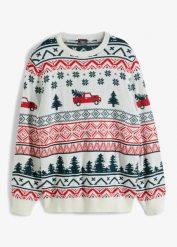 Cienki sweter z motywem bożonarodzeniowym. Białe swetry męskie bonprix, m, bez wzorów, wizytowe, bez kołnierzyka, bez ramiączek. Za 129.99 zł.
