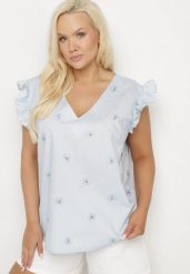 Niebieska Bluzka z Wiskozy w Kwiaty Tolamea. Niebieskie bluzki damskie Born2be, l, bez wzorów, z jeansu, bez kołnierzyka, bez ramiączek. Za 49.99 zł.