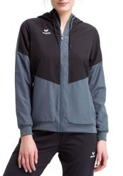 Damska kurtka z kapturem Erima Tracktop Squad. Czarne kurtki sportowe damskie Erima, bez wzorów, z materiału, bez ramiączek, z kapturem, na fitness i siłownię. Za 123.00 zł.
