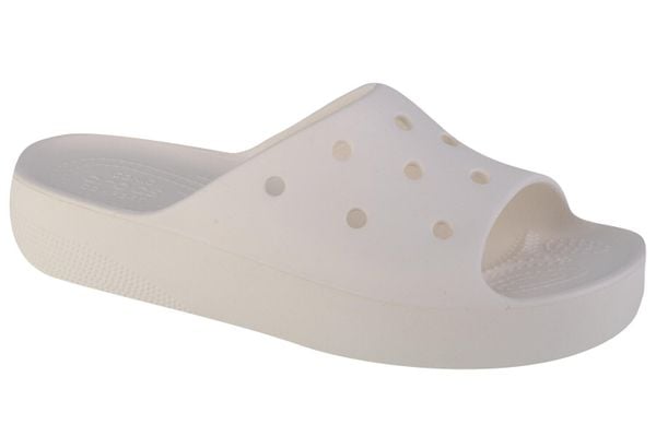 Klapki damskie Crocs Classic Platform Slide. Białe klapki damskie Crocs, bez wzorów, z materiału, bez obcasa, bez zapięcia. Za 129.99 zł.