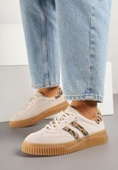 Beżowe Skórzane Sneakersy Klasyczne Tenisówki z Zamszu Naturalnego ze Wzorem w Panterkę Teniresela. Brązowe trampki i tenisówki damskie Born2be, bez wzorów, z jeansu, bez zapięcia. Za 189.99 zł.