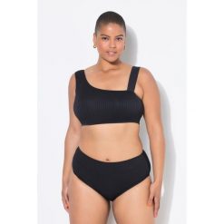 Damskie Figi od bikini krój z wysokim stanem fakturowane paski. Czarne bikini Ulla Popken, plus size, bez wzorów, z elastanu. Za 93.99 zł.