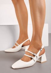 Białe Czółenka z Ekoskóry Typu Slingback na Słupku z Trzema Sprzączkami Qrevia. Białe czółenka damskie Renee, bez wzorów, bez obcasa, na słupku, bez zapięcia. Za 54.99 zł.