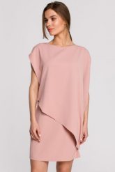 Elegancka sukienka mini z asymetryczną falbaną drapowana różowa. Czerwone sukienki damskie Sukienki.shop, na imprezę, xl, bez wzorów, eleganckie, z asymetrycznym kołnierzem, bez ramiączek, mini, asymetryczne. Za 349.00 zł.