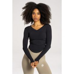 Koszulka fitness damska Gym Glamour wycięta z długimi rękawami. Czarne bluzki damskie GYM GLAMOUR, m, bez wzorów, glamour, bez kołnierzyka, bez ramiączek. Za 149.99 zł.