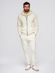 Komplet dresowy męski set bluza rozpinana z kapturem + spodnie joggery - kremowy V11 - Rozmiar: M. Białe bluzy męskie Ombre Clothing, m, z aplikacjami, z bawełny, bez ramiączek, z kapturem. Za 339.99 zł.