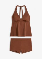 Tankini z dekoltem typu halter i spodenkami bikini (2 części). Niebieskie stroje kąpielowe damskie bonprix, bez wzorów. Za 74.99 zł.