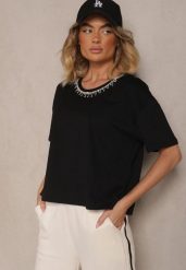 Czarny T-shirt z Bawełny z Cyrkoniami Fadeola. Czarne t-shirty damskie Renee, l, bez wzorów, z bawełny, eleganckie, bez kołnierzyka, bez ramiączek. Za 39.99 zł.