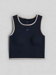 4F Crop top do jogi szybkoschnący damski - granatowy L. Niebieskie koszulki sportowe damskie 4F, l, bez wzorów, z materiału, bez ramiączek, na fitness i siłownię. Za 129.99 zł.