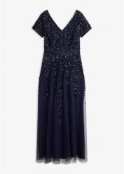 Sukienka z cekinami. Niebieskie sukienki damskie bonprix, bez wzorów, eleganckie, bez kołnierzyka, bez ramiączek. Za 379.99 zł.