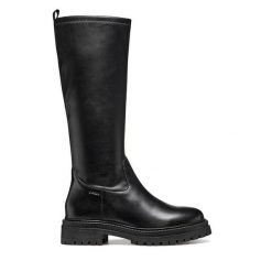Kozaki Geox. Czarne kozaki damskie Geox, bez wzorów, bez obcasa, na płaskiej podeszwie, bez zapięcia. Za 579.99 zł.