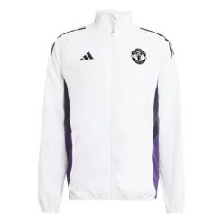 Kurtka dresowa Prematch Manchester United 2025/26. Białe kurtki męskie Adidas, bez wzorów, z dresówki, sportowe, bez kaptura. W wyprzedaży za 331.85 zł.