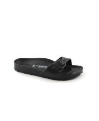 Klapki damskie Birkenstock Eva Madrid Black Eva. Czarne klapki damskie Birkenstock, bez wzorów, z materiału, bez obcasa, bez zapięcia. Za 249.99 zł.