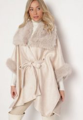 Beżowy Płaszcz z Wiązaniem w Pasie i Futerkiem Ozdobiony Wycięciami po Bookach Sartellia. Brązowe płaszcze damskie Born2be, l, bez wzorów, z jeansu, eleganckie, bez kołnierzyka, bez kaptura. Za 209.99 zł.