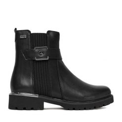 Botki Remonte. Czarne botki damskie Remonte, bez wzorów, bez obcasa, na płaskiej podeszwie, bez zapięcia. Za 449.99 zł.