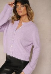 Fioletowy Klasyczny Kardigan o Prostym Kroju Riavara. Fioletowe kardigany damskie Renee, bez wzorów, z jeansu, eleganckie, bez kołnierzyka. Za 159.99 zł.