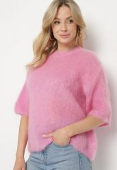 Różowy Moherowy Sweter o Kroju Nietoperza z Rękawami 3/4 Eleanira. Czerwone swetry nierozpinane damskie Born2be, na zimę, uniwersalny, z aplikacjami, z jeansu, eleganckie, bez kołnierzyka, bez ramiączek. Za 259.99 zł.