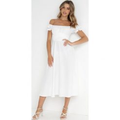 Biała Sukienka Midi z Dekoltem Carmen i Bufiastymi Rękawkami Amarhis. Białe sukienki damskie Born2be, na co dzień, m, bez wzorów, eleganckie, bez kołnierzyka, bez ramiączek, midi, proste. Za 129.99 zł.