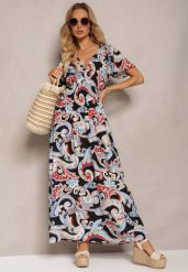 Czarno-Niebieska Rozkloszowana Sukienka z Bawełny o Kopertowym Kroju w Print Paisley Piavella. Czarne sukienki damskie Renee, na co dzień, l, bez wzorów, z bawełny, eleganckie, bez kołnierzyka, bez ramiączek, maxi, kopertowe. Za 39.99 zł.