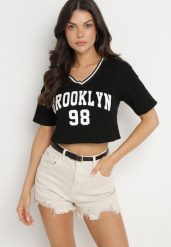 Czarny Bawełniany T-shirt z Napisem Nitanelia. Czarne t-shirty damskie Born2be, m, bez wzorów, z bawełny, bez kołnierzyka, bez ramiączek. Za 29.99 zł.
