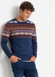 Sweter w norweski wzór. Niebieskie swetry męskie bonprix, l, bez wzorów, bez kołnierzyka, bez ramiączek. Za 124.99 zł.