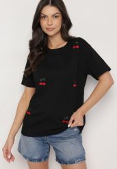 Czarny Bawełniany T-shirt Zdobiony Haftem z Motywem w Wiśnie Nevianira. Czarne t-shirty damskie Born2be, m, z aplikacjami, z bawełny, bez kołnierzyka, bez ramiączek. Za 39.99 zł.
