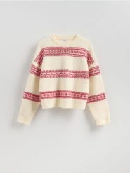Sweter we wzory - wielobarwny. Swetry nierozpinane damskie Reserved, l, bez wzorów, z dzianiny, bez kołnierzyka, bez ramiączek. Za 129.99 zł.