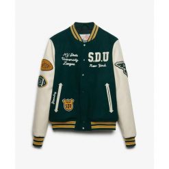 Kurtka Superdry Vintage Varsity. Zielone kurtki męskie Superdry, s, z aplikacjami, ze skóry, klasyczne, bez kaptura. Za 862.90 zł.