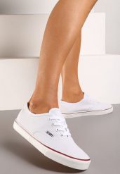 Białe Casualowe Sznurowane Tenisówki na Płaskiej Podeszwie Moanisa. Białe trampki i tenisówki damskie Renee, bez wzorów, z jeansu, bez zapięcia. Za 29.99 zł.