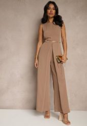 Ciemnobeżowy Kombinezon Bez Rękawów z Nogawkami Wide Leg Noreldi. Brązowe sukienki damskie Renee, m, bez wzorów, eleganckie, bez kołnierzyka, bez ramiączek. Za 109.99 zł.