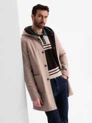 Melanżowy długi męski płaszcz z kapturem – beżowy V2 - Rozmiar: XL. Brązowe płaszcze męskie Ombre Clothing, na zimę, m, bez wzorów, z materiału, eleganckie, bez kołnierzyka, z kapturem. W wyprzedaży za 449.99 zł.