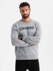 Klasyczna męska dresowa bluza z napisem – szary melanż V1 OM-SSPS-0181 - Rozmiar: L. Szare bluzy męskie Ombre Clothing, l, bez wzorów, z bawełny, klasyczne, bez ramiączek, bez kaptura. W wyprzedaży za 119.99 zł.
