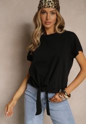 Czarny Bawełniany T-shirt Wiązany u Dołu Sunalina. Czarne t-shirty damskie Renee, l, bez wzorów, z bawełny, bez kołnierzyka, bez ramiączek. Za 34.99 zł.