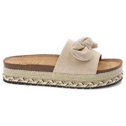 Klapki damskie Vinceza, na grubej platformie profilowane z kokardką materiałowe, beżowe, 16495-BE. Brązowe klapki damskie VINCEZA, na lato, z aplikacjami, z materiału, boho, bez obcasa, na platformie, bez zapięcia. Za 99.99 zł.