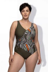 Damskie Strój kąpielowy efekt kopertowy miękkie miseczki ozdobne taśmy. Zielone stroje kąpielowe damskie Ulla Popken, plus size, bez wzorów, z elastanu. Za 191.99 zł.