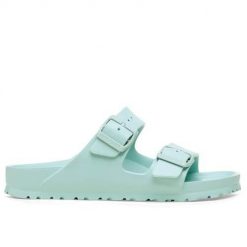 Klapki damskie Birkenstock Arizona Eva. Niebieskie klapki damskie Birkenstock, bez wzorów, z materiału, klasyczne, bez obcasa, bez zapięcia. Za 348.00 zł.
