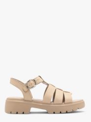 Beżowe sandały z ozdobną cholewką. Brązowe sandały damskie Ryłko, bez wzorów, ze skóry, bez obcasa, bez zapięcia. W wyprzedaży za 169.99 zł.