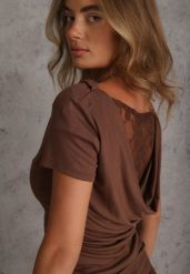 Brązowa Wiskozowa Bluzka z Krótkim Rękawem z Koronką i Dekoltem Woda na Plecach Harmale. Brązowe bluzki damskie Renee, m, z aplikacjami, z koronki, casualowe, bez kołnierzyka, bez ramiączek. Za 69.99 zł.