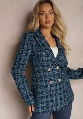 Niebieska Tweedowa Marynarka Dwurzędowa Zapinana na Biżuteryjne Guziki Nallet. Niebieskie marynarki i żakiety damskie Renee, bez wzorów, eleganckie, bez kołnierzyka, bez ramiączek. Za 209.99 zł.