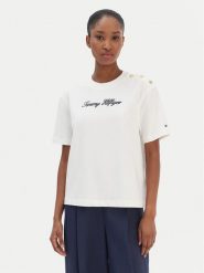 Tommy Hilfiger T-Shirt Script WW0WW47819 Écru Regular Fit. T-shirty damskie Tommy Hilfiger, l, bez wzorów, z bawełny, bez kołnierzyka, bez ramiączek. Za 289.99 zł.