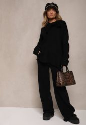 Czarny Komplet Oversize z Dzianiny Sweter z Wiązaniem i Spodnie o Szerokim Kroju Emmige. Czarne swetry nierozpinane damskie Renee, l, bez wzorów, z dzianiny, eleganckie, bez kołnierzyka, bez ramiączek. Za 169.99 zł.