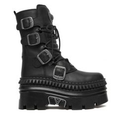 Trzewiki NEW ROCK. Czarne botki damskie NEW ROCK, bez wzorów, rockowe, bez obcasa, na koturnie, bez zapięcia. Za 1,369.00 zł.