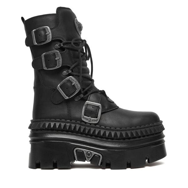 Trzewiki NEW ROCK. Czarne botki damskie NEW ROCK, bez wzorów, rockowe, bez obcasa, na koturnie, bez zapięcia. Za 1,369.00 zł.