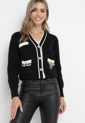 Czarny Kardigan z Wiskozy i Łańcuszkami Seime. Czarne kardigany damskie Born2be, bez wzorów, z jeansu, eleganckie, bez kołnierzyka. Za 149.99 zł.