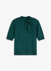 Cienki sweter z miękkiej mieszanki wiskozy. Zielone swetry nierozpinane damskie bonprix, bez wzorów, z dzianiny, eleganckie, bez kołnierzyka, bez ramiączek. Za 97.99 zł.