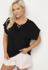 Czarna Bluzka z Wiskozą Wiązana przy Dekolcie Dovarelle. Czarne bluzki damskie Born2be, plus size, bez wzorów, z jeansu, eleganckie, bez kołnierzyka, plus size, bez ramiączek. Za 39.99 zł.